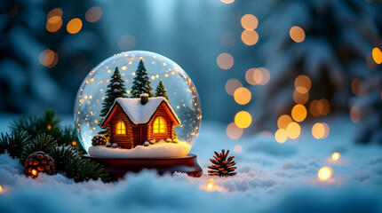 Christmas snow globe with glowing wooden cabin, snowy pine trees.