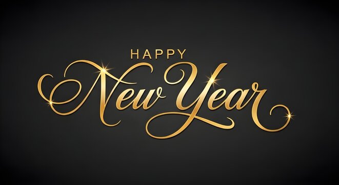 Elegant golden script text happy new year greeting on dark background