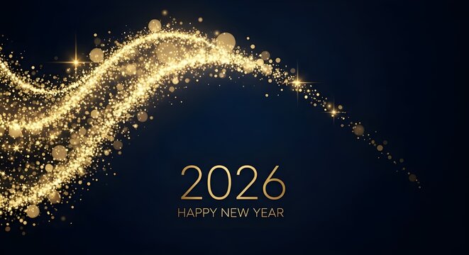 Golden sparkle wave with 2026 year and happy new year text on dark blue background