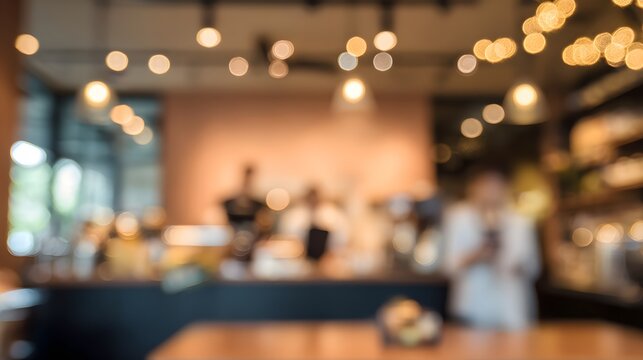 Warm modern cafe interior evokes cozy ambiance with soft golden lighting and indistinct people