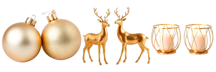Elegant gold Christmas decorations featuring shiny baubles, metallic reindeer figurines, and glowing candles in gold holders..