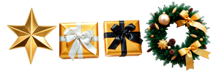 Golden Christmas star, elegant gift boxes with black and white ribbons, and festive wreath decorated with gold ornaments.