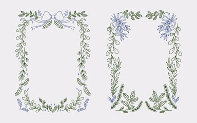 Christmas border frame line art style with branches, ribbon bow element. Minimalist christmas vintage frame perfect for invitation, poster, card, or cover.