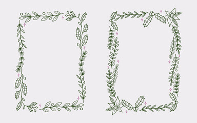 Christmas border frame line art style with branches winter floral element. Minimalist christmas vintage frame perfect for invitation, poster, card, or cover.