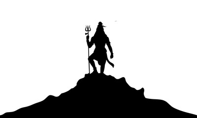 Obraz premium Lord Shiva (Mahadev) Black Silhouette Standing on Mountain Peak, Holding Trishula, Minimalist Hindu God Vector Icon, Spiritual and Meditative Graphic