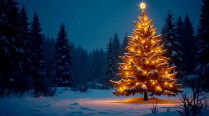 Glowing Christmas tree in snowy winter forest night with golden lights, ornaments, and shining star creating a magical festive atmosphere