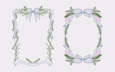Christmas border frame line art style with branches, ribbon bow element. Minimalist christmas vintage frame perfect for invitation, poster, card, or cover.