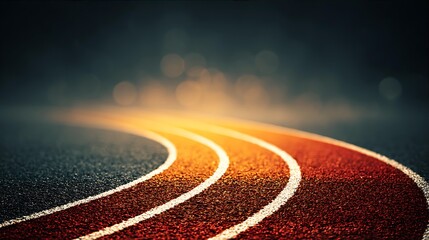 Dynamic Closeup of Glowing Orange and Red Running Track Lanes