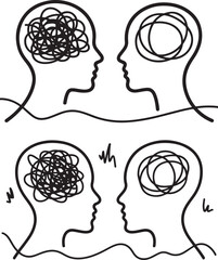Connected Heads Thoughts Chaos Order Outline Illustration