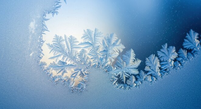 Intricate frost patterns covering a windowpane, revealing delicate icy structures against a subtly blurred blue sky, highlighting winter's cold artistry. illustration
