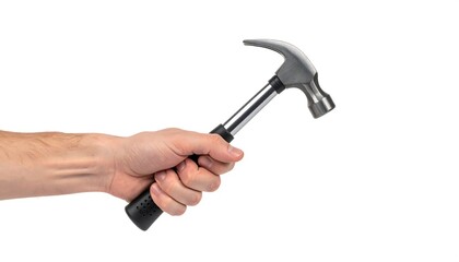 A close-up view of a person's hand firmly gripping a shiny, steel hammer against a pure white backdrop. The tool is oriented diagonally