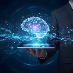 Futuristic Artificial Intelligence Concept with Digital Brain Hologram Above Tablet in Businessman’s Hand on Blue Technology Background