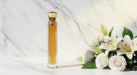 Elegant golden-capped perfume bottle stands on a luxurious white marble surface, complemented by a fresh bouquet of white lilies and roses. illustration