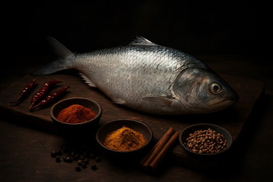 Fresh whole Hilsa or Ilish fish on a cutting board with chili and spices