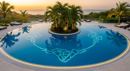 Beautiful swimming pool with palm trees at luxury resort during sunset