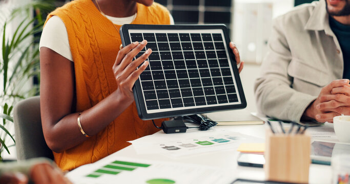 Hands, presentation and solar panel with business person in office for renewable energy initiative. Pitch, proposal and prototype with employee in workplace for photovoltaic power production - Powered by Adobe