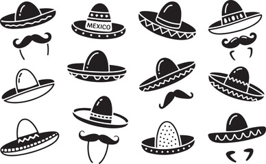 Hand Drawn Sombrero and Mustache Icon Set: Celebrating Mexican Culture with Style