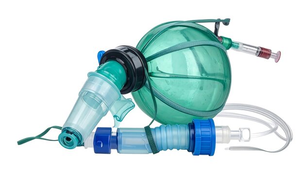 A close-up view of a green and clear medical device used for manual resuscitation