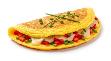 Omelette with cheese, pepper and chives isolated on white background
