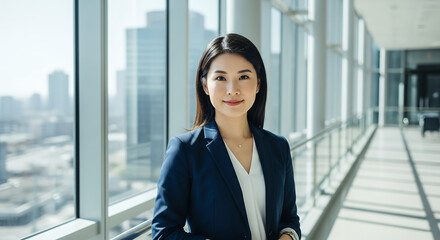 Businesswoman wearing a tailored navy blazer and white blouse with straight hair and subtle professional makeup, standing inside a glass office building with bright natural light 