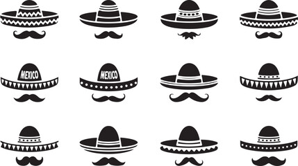 Mexican Celebration: Sombrero and Mustache Silhouette Illustration Collection for Festive Events