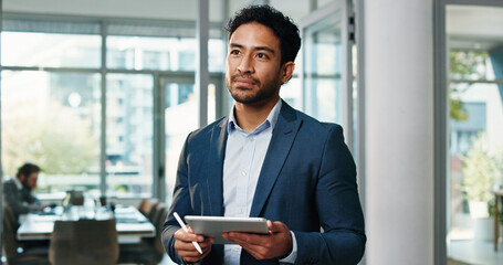 Businessman, tablet and thinking at office with review, decision and writing with insight at...