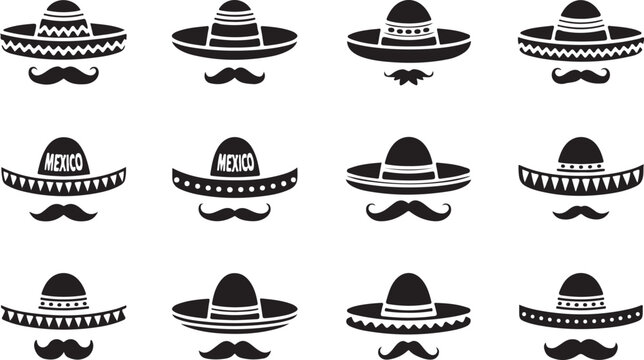 Mexican Celebration: Sombrero and Mustache Silhouette Illustration Collection for Festive Events