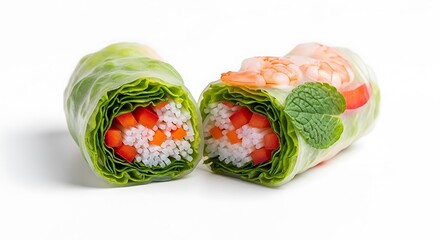 Two fresh spring rolls with shrimp and vegetables isolated on white
