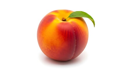 A single ripe nectarine with a leaf isolated on white background
