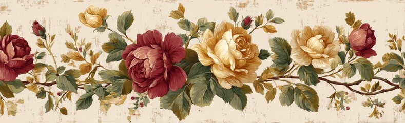 A floral border featuring roses in shades of red and yellow with green foliage on a beige background