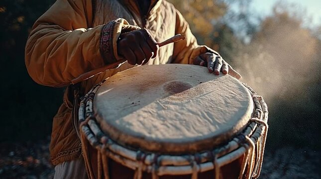 Traditional Dhol Player Performing Outdoors with Natural Side Light