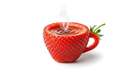 Strawberry shaped cup filled with hot tea isolated on white background