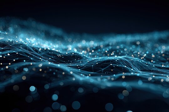 Abstract digital waves form a glowing mesh against a dark backdrop, suggesting interconnected networks