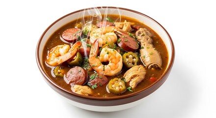 Bowl of gumbo with shrimp, sausage, and okra isolated on white background