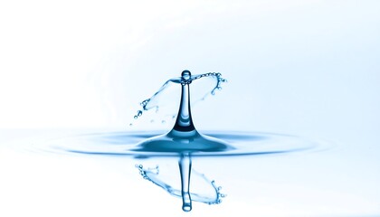 A serene shot of water droplets colliding, forming a crown of spray and a mirrored reflection, against a soft white background