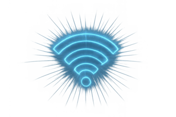 Glowing neon wifi symbol broadcasting strong wireless internet signal, transmitting global data connection