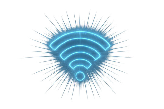Glowing neon wifi symbol broadcasting strong wireless internet signal, transmitting global data connection
