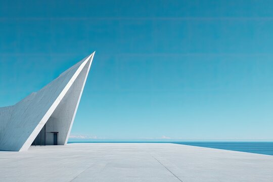 Modern white architectural structure against a vibrant blue sky and ocean horizon