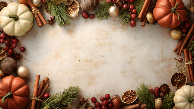 Winter Feast Invitation with Pumpkins, Pine Leaves, Apples, and Cinnamon – Thanksgiving to Christmas Theme