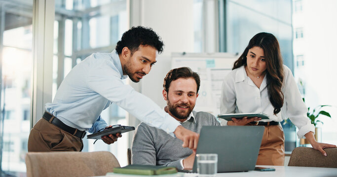 Business, people or meeting with laptop in office for trading update, stock price interest or planning. Trader, team and pointing to tech for market research, financial news and monitoring portfolio