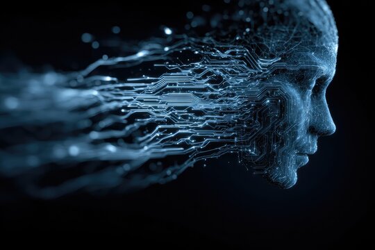 Digital abstract of a profile face, with circuitry flowing and dissolving, set against black