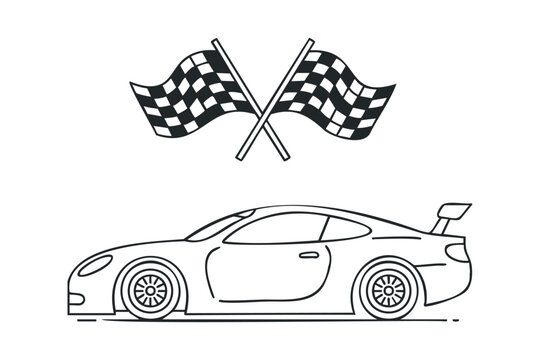 Racing car and checkered flags