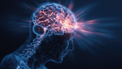 A glowing human brain model with radiating light, emphasizing cognitive processes against a dark backdrop