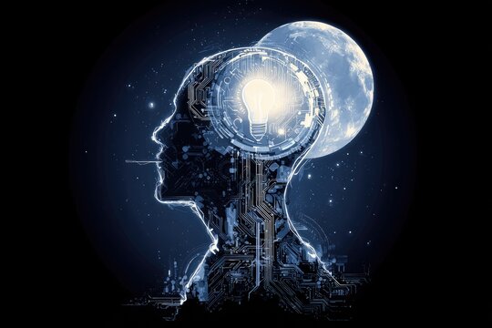 Silhouette of a head with circuits and a glowing lightbulb against a backdrop of stars and a moon