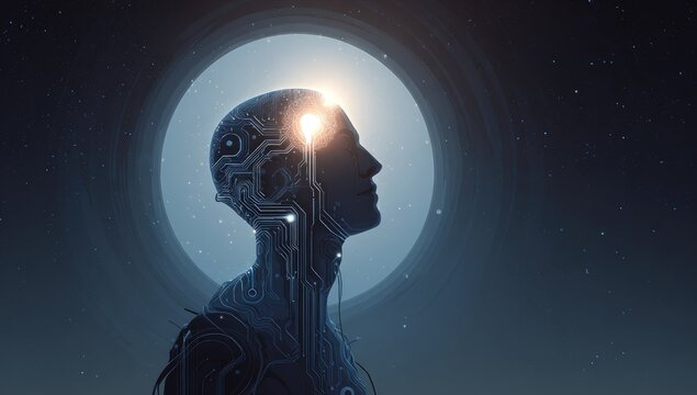 A cyborg silhouette in contemplation, illuminated by a bright light, against a celestial backdrop
