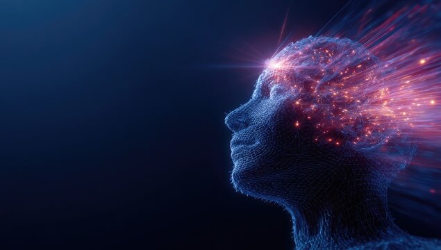 A human head profile is composed of a mesh of particles, radiating glowing energy
