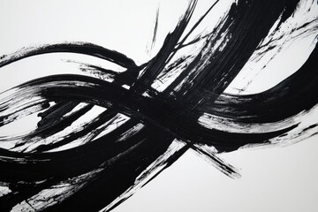 Abstract ink strokes create a dynamic composition against a bright, plain background