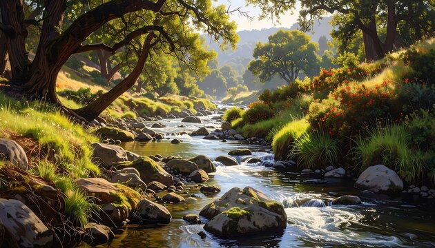 A sun-dappled river flows through a lush, verdant landscape, framed by trees and vibrant green foliage with glimpses of hills