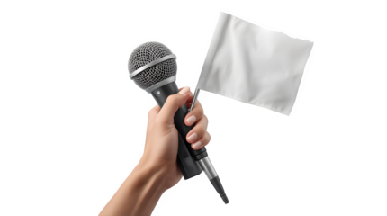 Hand with microphone holding surrender flag on transparent background