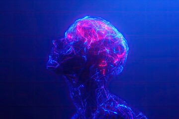 Digital rendering depicts an ethereal form with glowing brain, lit in blue and pink hues